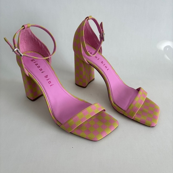 Gianni Bini womens green pink Checkered Heels square toe sandals size 10 - Picture 1 of 8